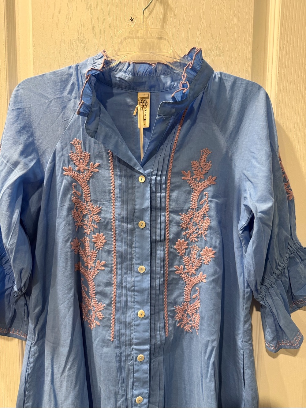 Uncle Frank Light Blue Dress with Pink Floral Embroidery